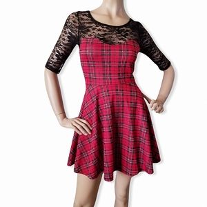 Estam Red & Black Plaid Skater Dress With Lace
